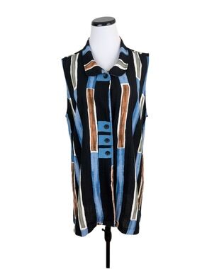 Vincente Sleeveless Collared Button Detail Long Tunic Top Size XL